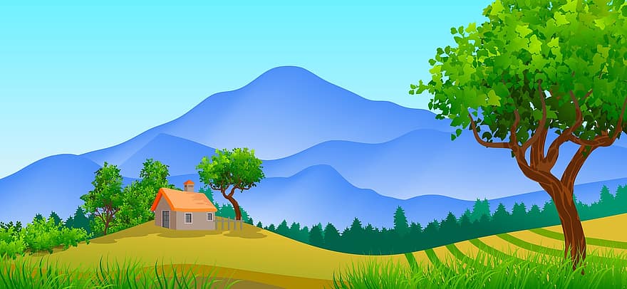 ilustração, panorama, natureza, montanhas, campo, rural, casa, arvores, plantas, verão, verde
