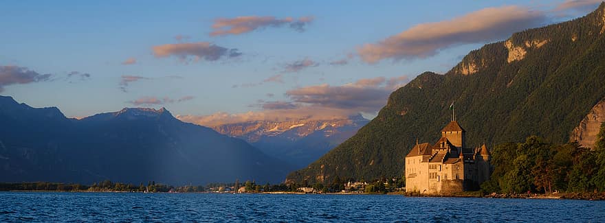 romance, castillos, visto, Relájate, Suiza, Lago de Ginebra, vaud, viaje, montaña, agua, paisaje