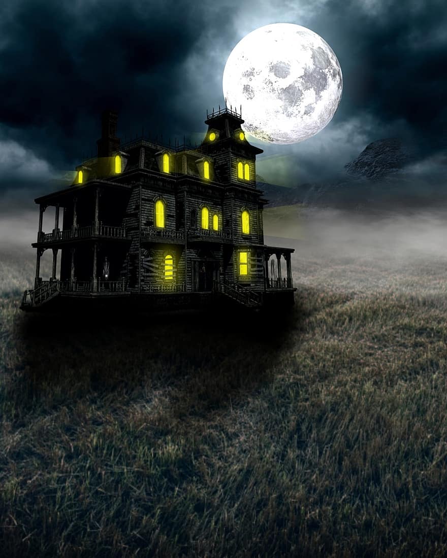 Хелоуин, обитавана от духове къща, ужас, измислица, фантазия, луна, У дома, нощ, зловещ, страх, вещица