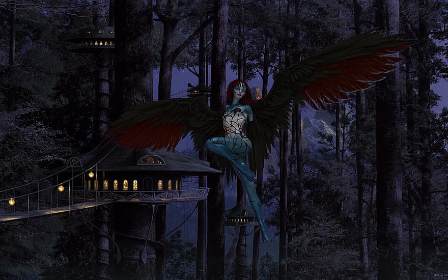 фантастика, ангел, лес, летающий, женщина, крылья, мистический, леса, ночь