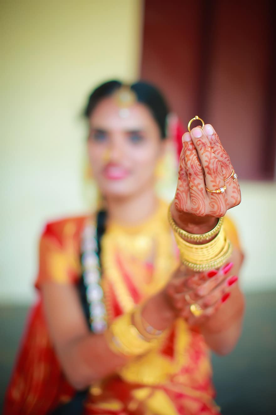 kobieta, pierścionek zaręczynowy, panna młoda, Model, sukienka, ślub, romantyk, welon, moda, ludzie, Kerala