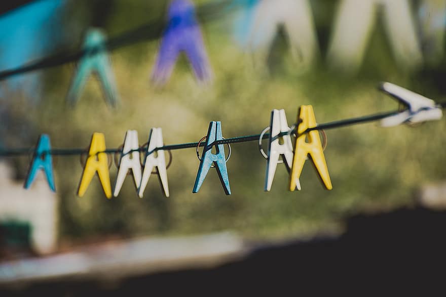 Clothes Line, Washing Line, green color, close-up, multi colored, summer, backgrounds, clothesline, clothespin, yellow, laundry