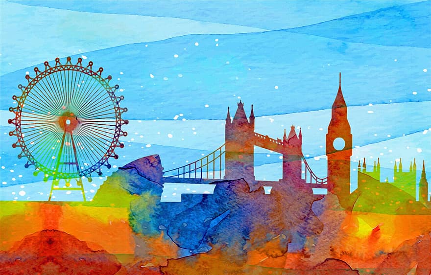 Londýn akvarel, Londýn, big ben, Londýnské oko, abstraktní, vodové barvy, Spojené království, Angličtina, Anglie, britský, Evropa