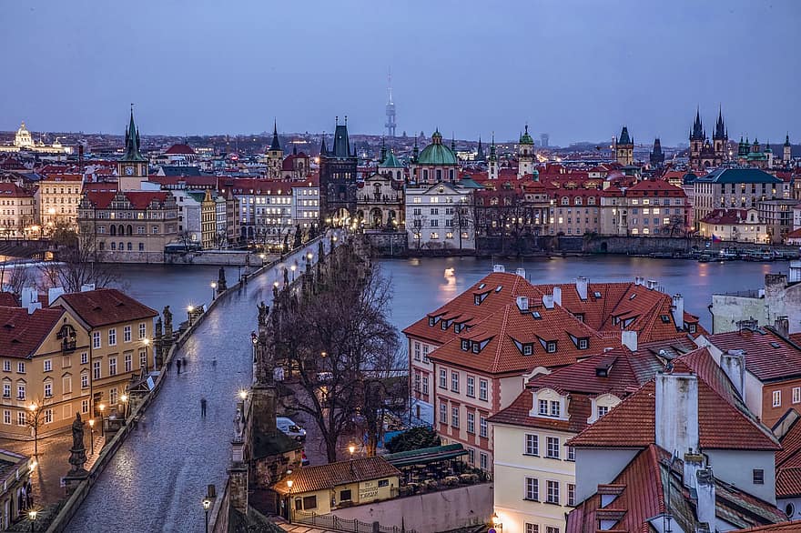 centro da cidade, Europa, viagem, turismo, Praga, ponte, noite, lugar famoso, paisagem urbana, arquitetura, iluminado