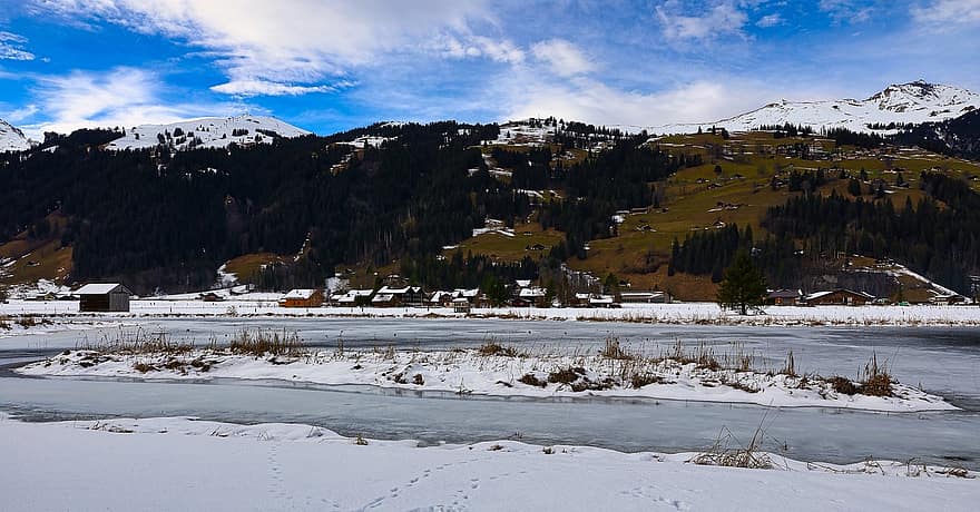 pilotage, les montagnes, Lac, Suisse, paysage d'hiver, neige, la nature, L'hiver, vacances, Voyage, congelé