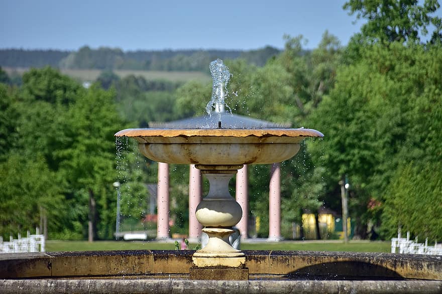Fontaine, parc, Voyage, Neustrelitz, eau, été, herbe, jardin à la française, laissez tomber, humide, couleur verte