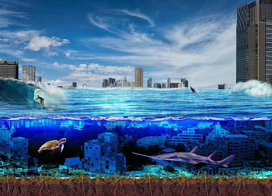Underwater City, Ocean, City, Blue