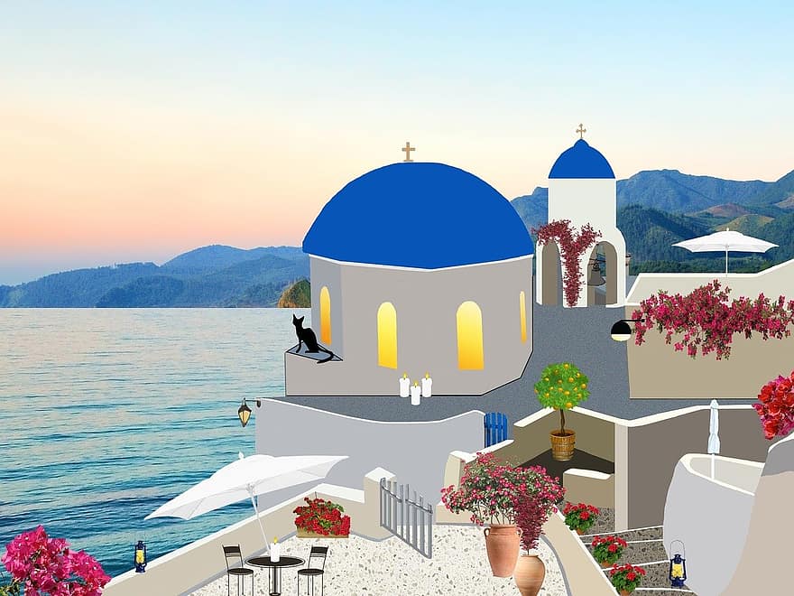 Санторини, Гърция, архитектура, камбанария, синя вода, Оя, кръст, остров, море, светлина, Средиземно море