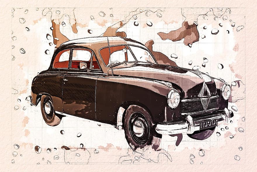 antik bil, Borgward, 2 türer, limousine, klassisk, sjældenhed, oliemaleri, plakat, bil, transportmidler, land køretøj