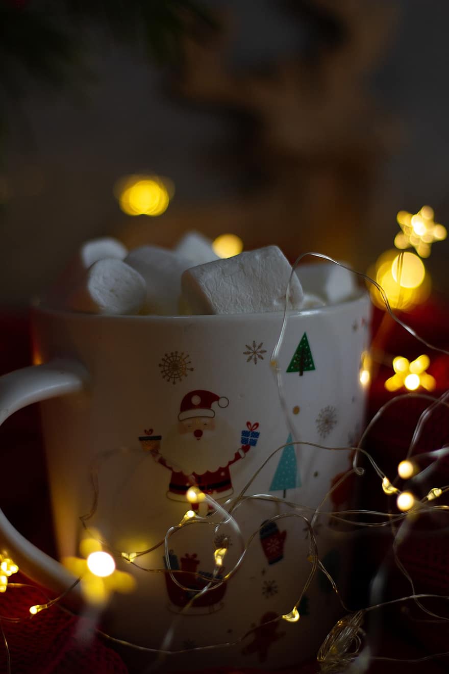 puodelis, Kalėdų žiburiai, Zefyras, maisto, gerti, gėrimas, Kalėdos, žvaigždės, natiurmortas, bokeh, žiemą