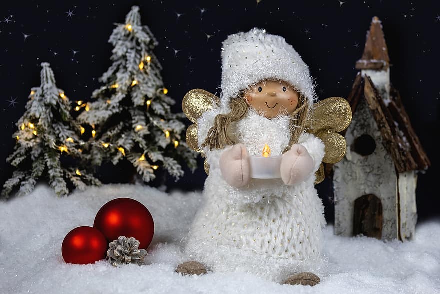 ange de noël, Noël, motif de noël, période de Noël, boules de noel, hiver, neige, fête, décoration, saison, arbre