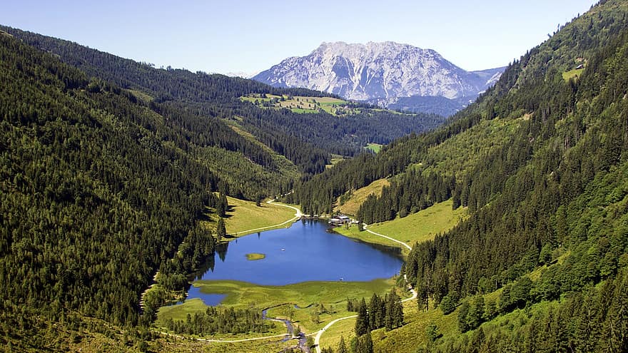 lago de montaña, lago, Estiria Lago de Constanza, estiria, Schladming, Región de Dachstein, Austria, panorama, paisaje, montaña, bosque