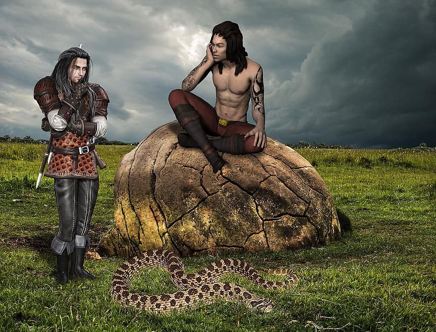 Fantasy, Man, Snake, Grass, Stone, Clouds, Friends, Male, Person, Handsome, Reptile