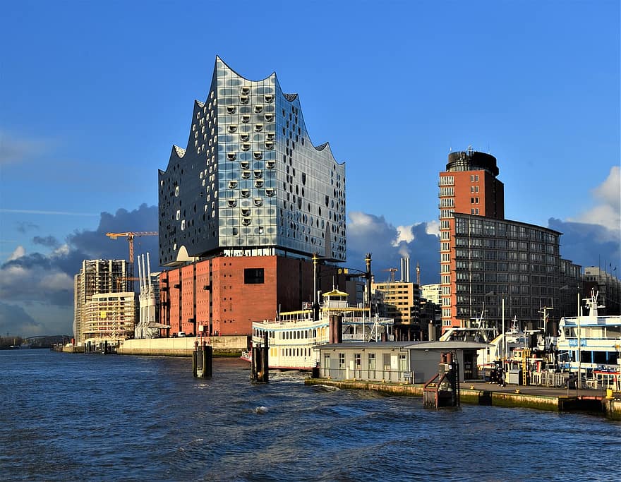utazás, város, idegenforgalom, Hafencity, épület, építészet, port motívumok, kikötőhajó, Elbphilharmonie, Hamburg