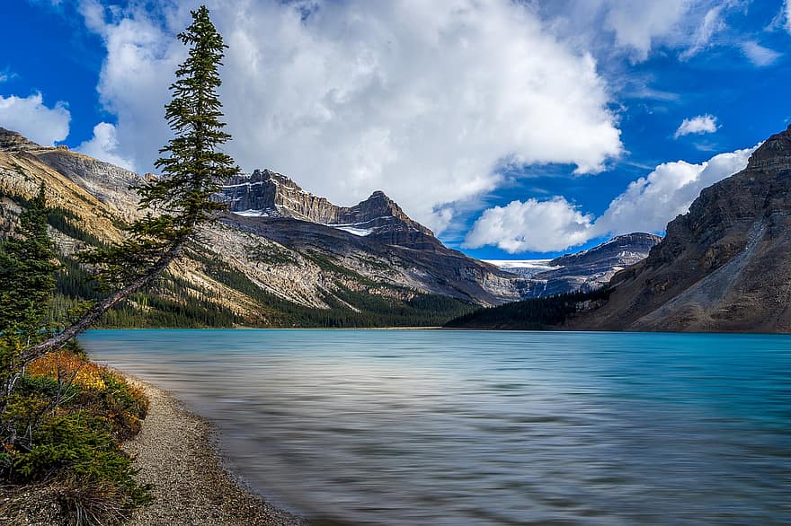 Lake, Mountains, Bank, Trees, Water, Rocky Mountains, Scenery, Scenic, Mountain Range, Nature, Clouds