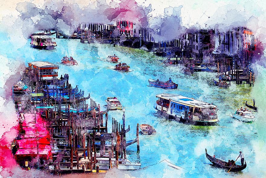 Venezia, båter, skip, Kunst, vannfarge, natur, årgang, fargerik, kunstnerisk, tekstur, hav