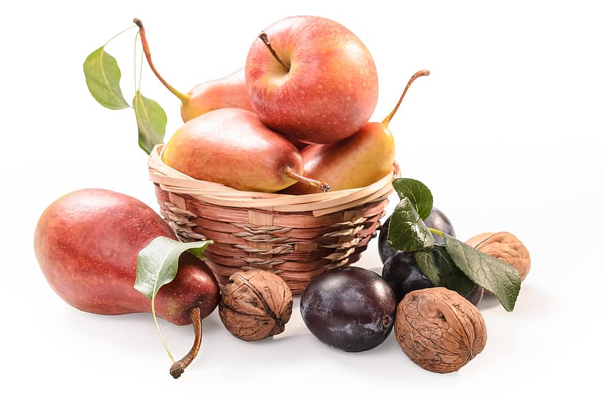 фрукти, груші, стиглі плоди, сливи, яблуко, ізольовані