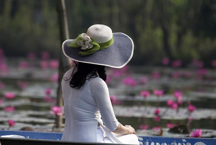kvinna, modell, båt, hatt, asiatisk, lotus, sjö, blomningstid, lagun