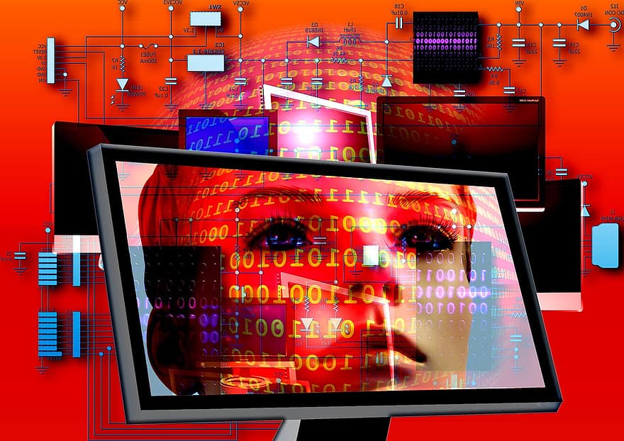 Tafel, Gesicht, binär, Technologie, Monitor, denken, Schaufensterpuppe, Mensch, Schaltungen, Mikroprozessor-Modus, kontrolliert werden