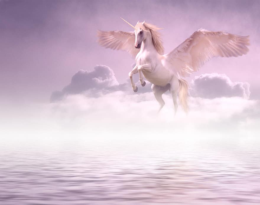 unicornio, nubes, fantasía, alas, caballo, cielo, niebla, lago, agua, naturaleza, atmosférico