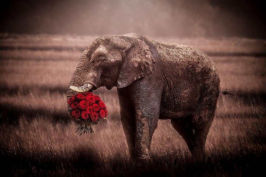 slon, pole, růže, kytice, květiny, zvířata ve volné přírodě, zvířecí kmen, ohrožené druhy, roztomilý, jednoho zvířete, velký