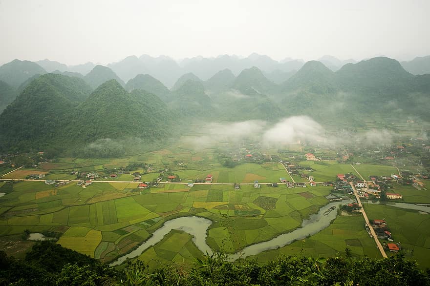 Оризово поле, планини, дълъг син, Виетнам, селски, ферма, град, река, пейзаж, околност, облаци