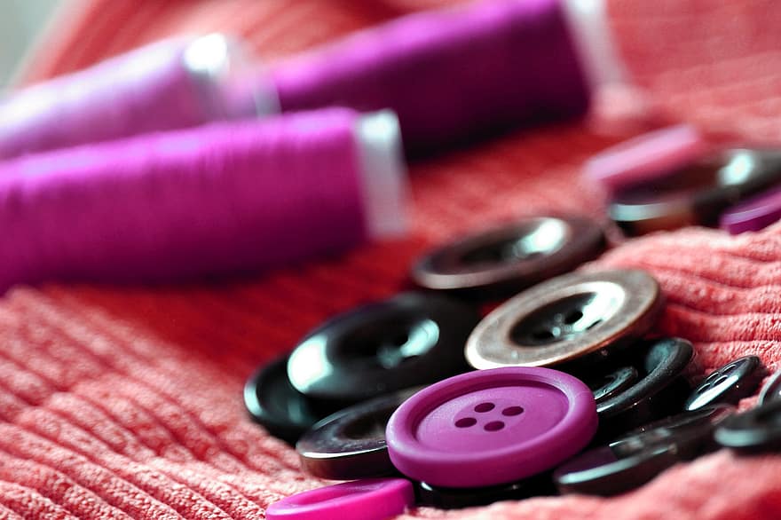 botons, cosir, fil, artesania, material, màquina de cosir, bobina