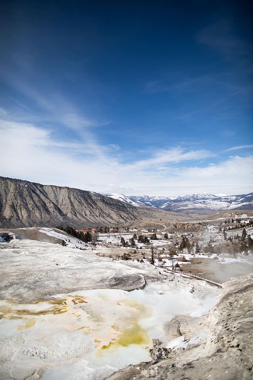 Yellowstone nacionalinis parkas, mamutas karštas šaltinis, Wyoming, karštas pavasaris, Geoterminis pavasaris, pobūdį