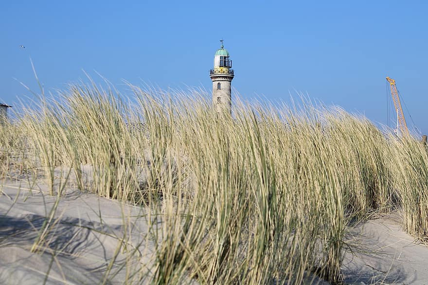 Warnemünde, faro, playa, Rostock, naturaleza, hierba, cielo, nubes, atención, verde