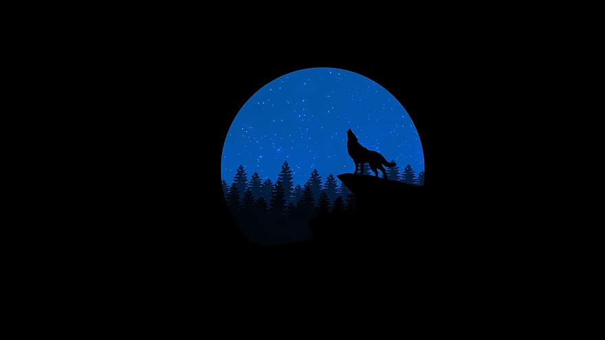狼、ハウリング、夜、動物、野生、自然、野生動物、設計、頭、月、シンボル