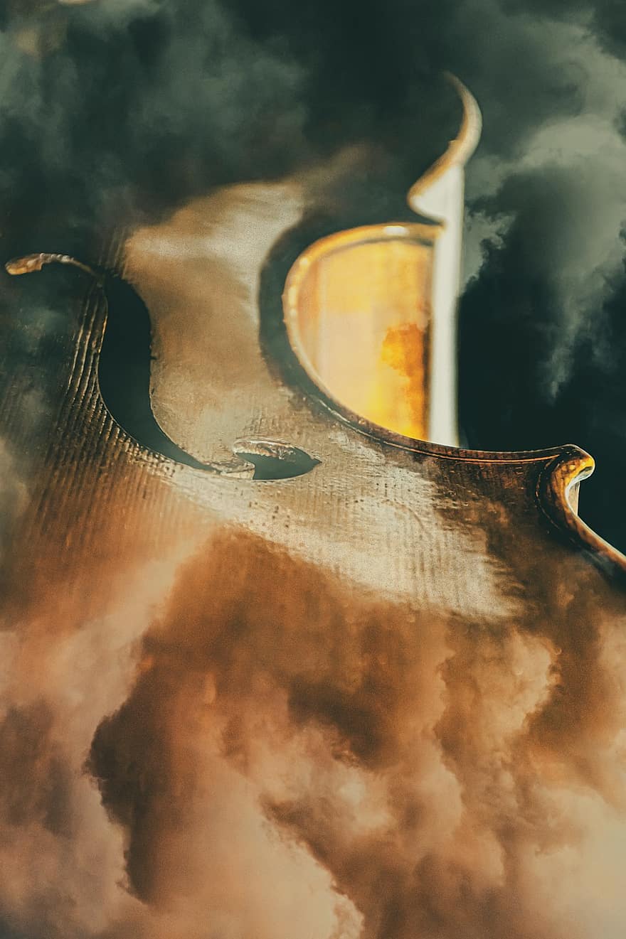 violoncelo, instrumento musical, música, instrumento de cordas, violino, fumaça, nuvens de tempestade, Antiguidade, violino antigo, papel de parede, fechar-se