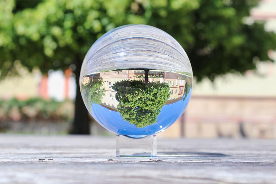 lensball, bola de vidre, foto esfera, paisatge, duplicació, naturalesa, reflexió, Fotografia de Lensball, arbre, cel, fusta