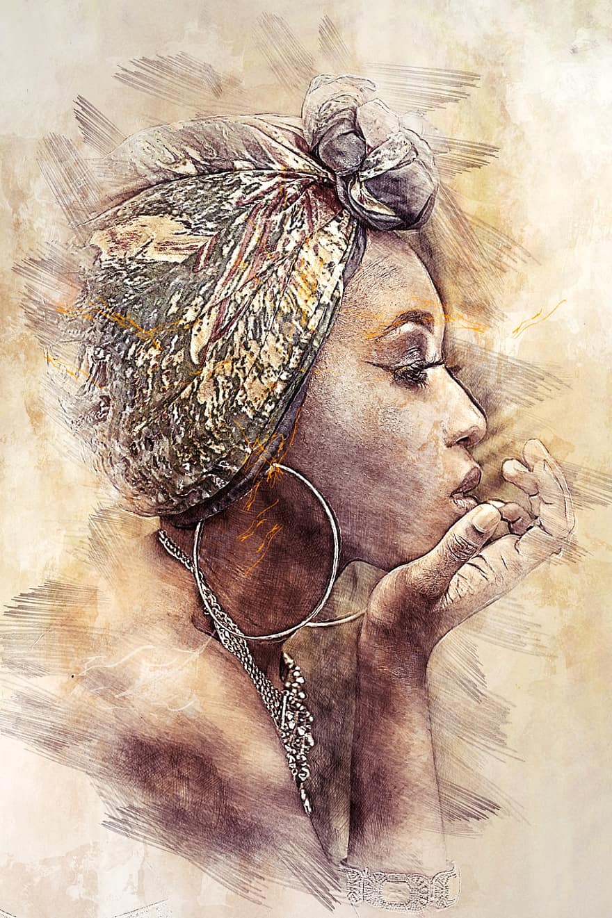 žena, tvář, profil, náušnice, Příslušenství, ženský, krása, hlava, Afričan, foto umění, portrét