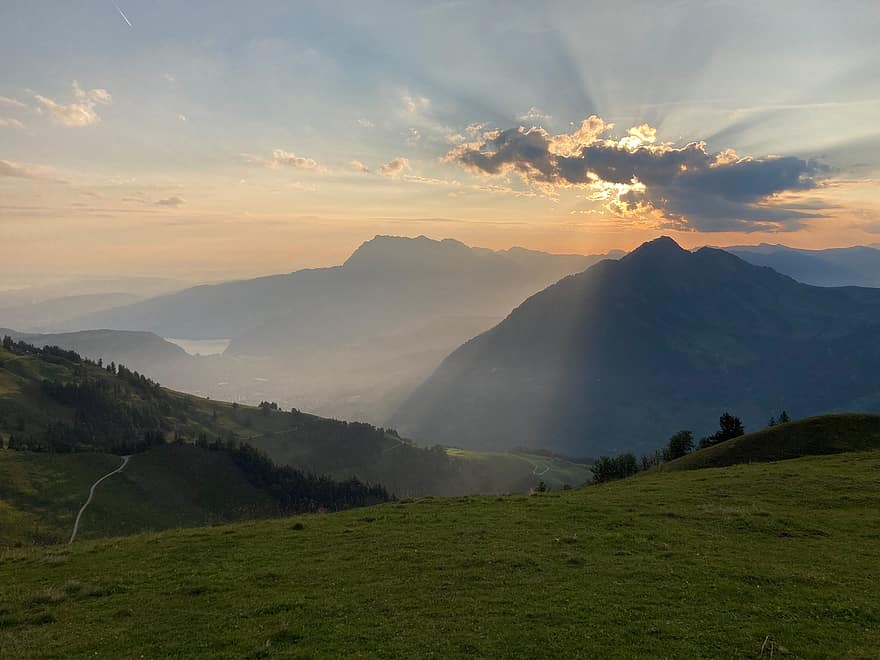 munţi, răsărit, Stanserhorn, Nidwalden, Alpi, raze de soare, Munte, peisaj, vară, luncă, iarbă