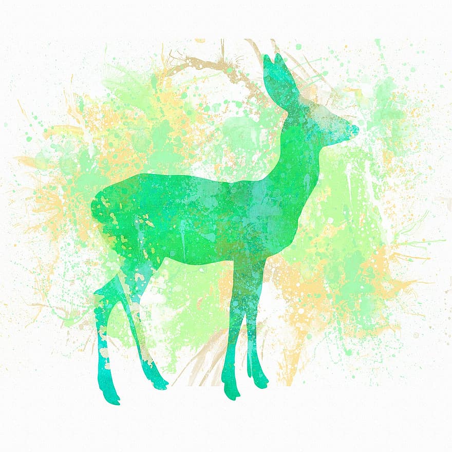 鹿、水彩、しぶき、動物、自然、描かれた、図、デコレーション、野生動物、乱雑な、緑