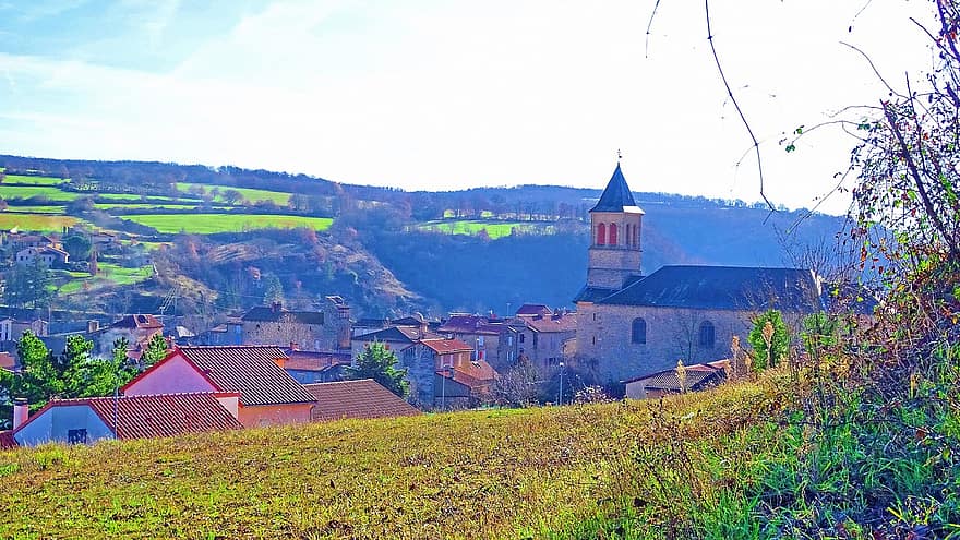 Miestas, bažnyčia, kelionė, Saint Georges De Luzençon, millau, architektūra, krikščionybė, kaimo scenoje, religija, kultūros, senas