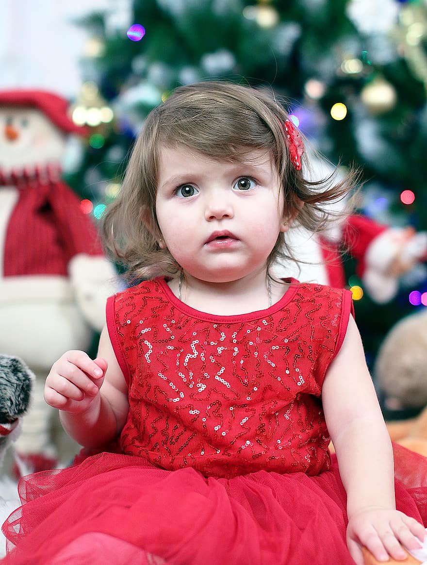 μωρό, κορίτσι, Χριστούγεννα, Παραμονή Πρωτοχρονιάς, κόκκινο φόρεμα, φόρεμα, Μικρό κορίτσι, νήπιο, παιδί, νέος, χαριτωμένος