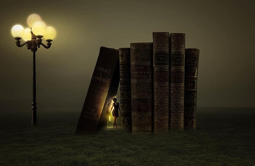 bøker, lamper, kvinne, Liten kvinne, Store bøker, gatelys, belyst, surrealistisk, lys, magi, fantasi