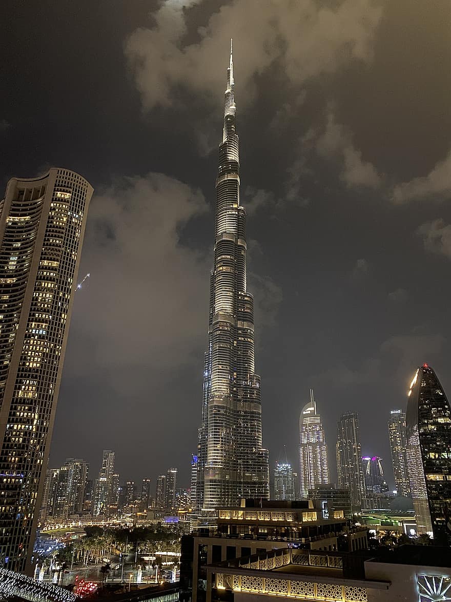 Бурдж Халіфа, Дубай, місто, хмарочос, ніч, будівель, орієнтир, архітектура, вогні, міський