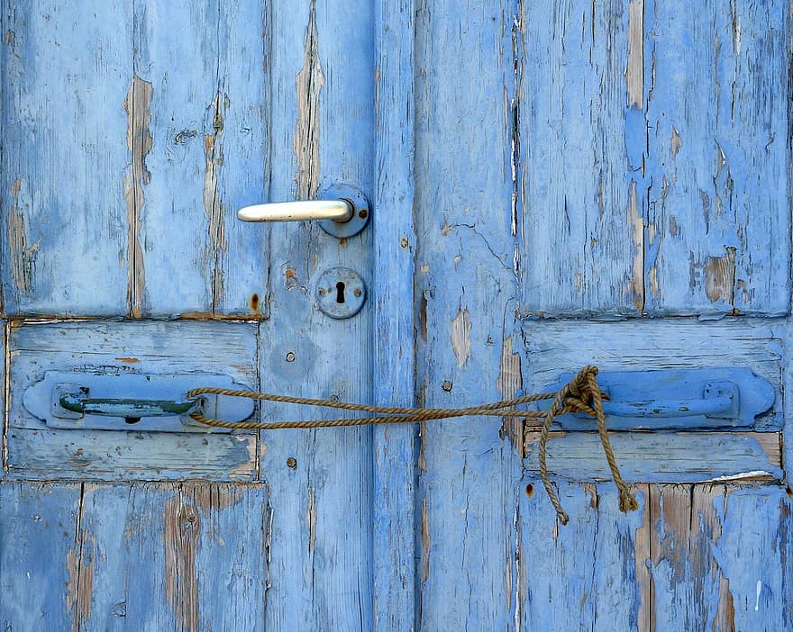 deur-, Ingang, touw, hout, blauw, oud, roestig, metaal, detailopname, slot, verweerde
