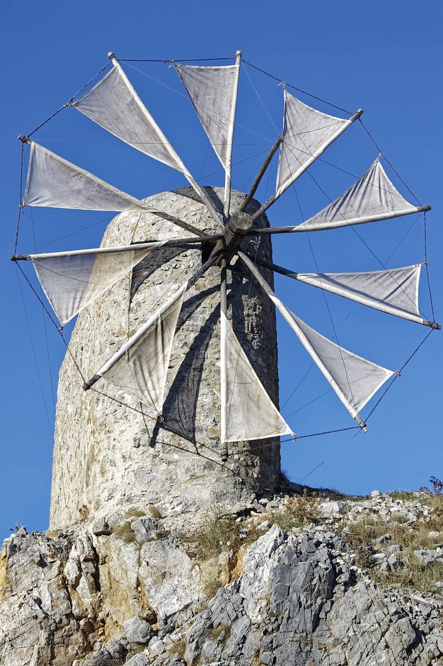 Řecko, Kréta, Oblast Lasithi, větrný mlýn, historický, bílý, nebe, modrý, cestovat, cestovní ruch, architektura