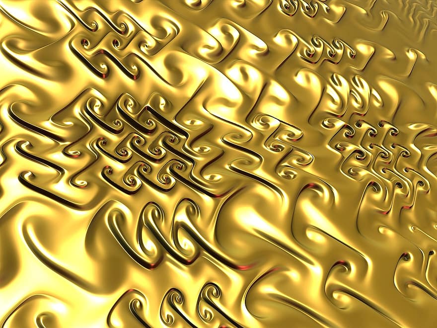fraktal, 3d, guld, gylden tekstur, struktur, gyldne baggrund