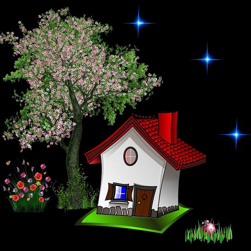 dom, noc, wieczór, gwiazdy, Natura, niebo, ogród, wejście do domu, drzewo, kabina, Dom