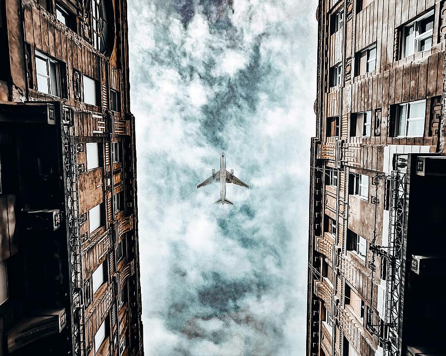 cel, avió, edificis, arquitectura, vol, volant, avió de vol, volar, perspectiva, ciutat, urbà