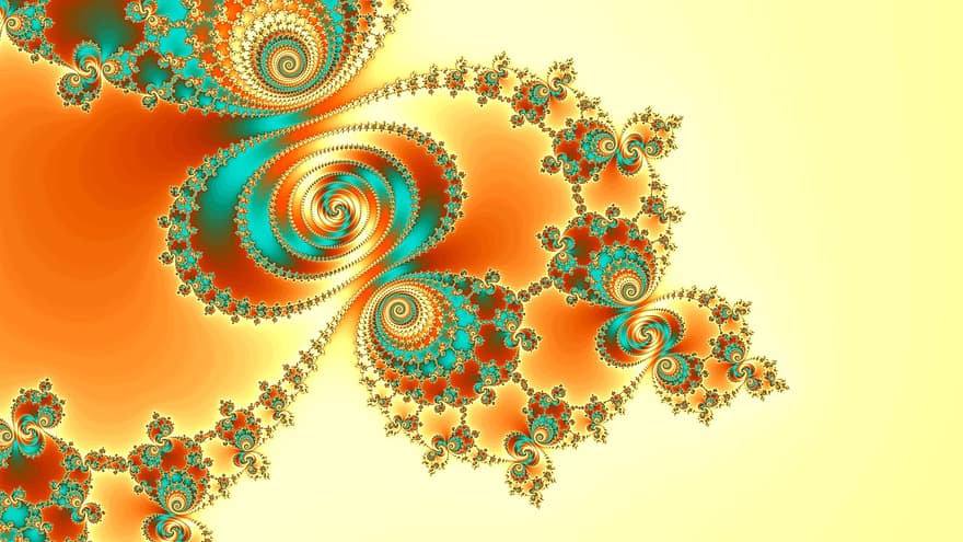 fractals, kunst, goud, licht, spiraal, draaikolk, cyaan, illustratie, achtergronden, abstract, patroon