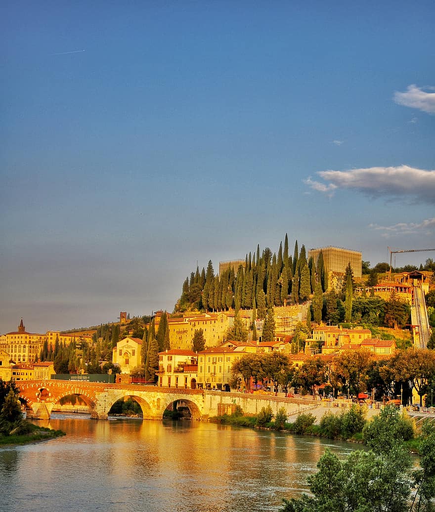 Verona, napnyugta, Olaszország, városi, vakáció