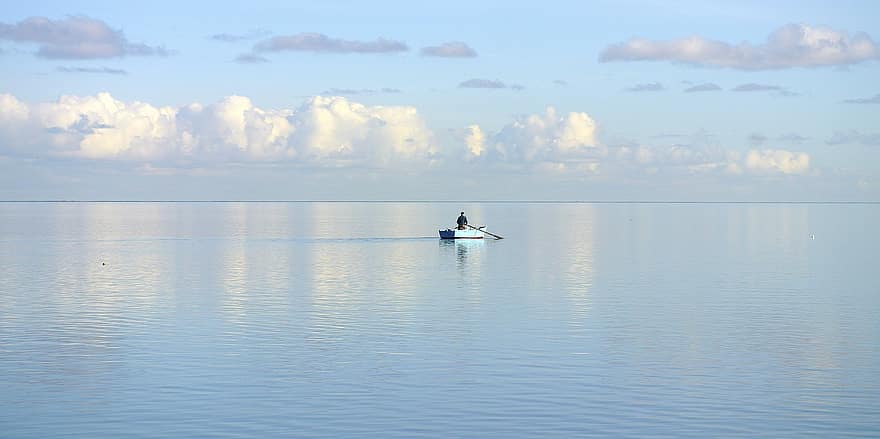 pêche, bateau, mer, pêcheur, océan, eau, horizon, ciel, des nuages, silence, calme