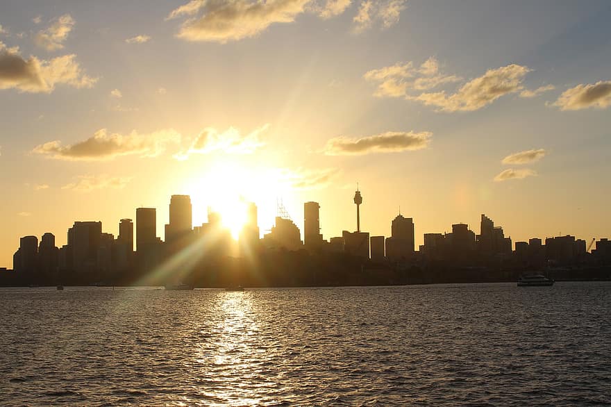 заход солнца, летом, Сидней, Австралия, городской пейзаж, небоскреб, смеркаться, архитектура, экстерьер здания, воды, известное место