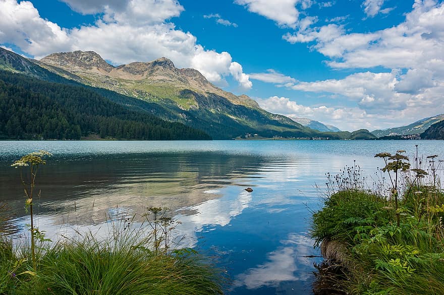 Mountains, Lake, Reflections, Clouds, Nature, Oberengadin