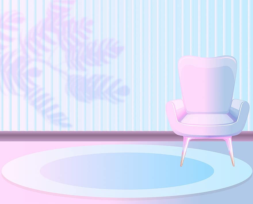 Рожево-блакитна кімната, стілець, тінь, кімнати, килимок, килим, шпалери, весна, літо, меблі, порожня кімната